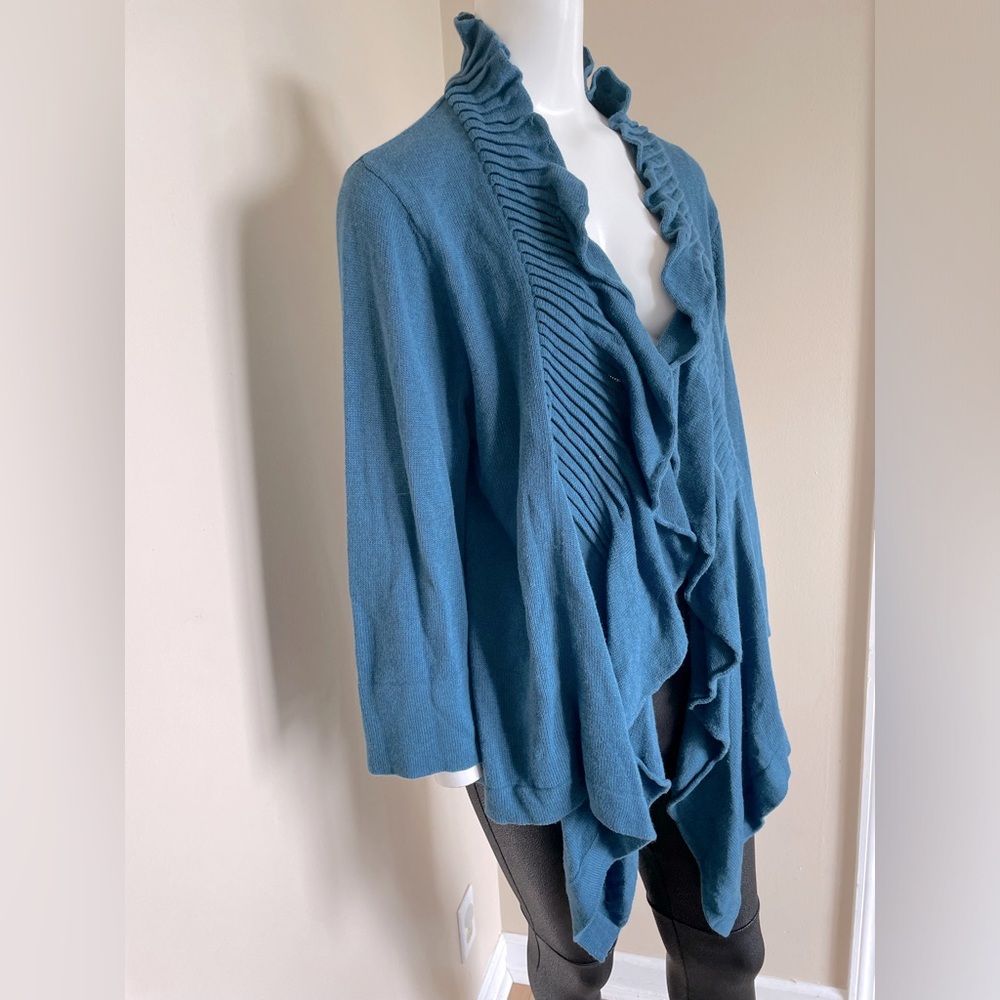 Soft Surroundings Ruffle Trim Open Front 100% Cotton Cardigan Blue Size XL - Picture 2 of 5